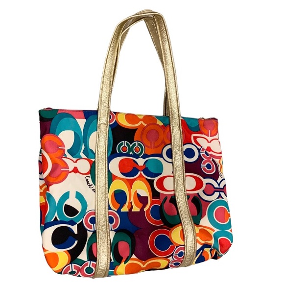 COACH Logo POPPY colorful gold leather trim purse tote - Picture 8 of 17